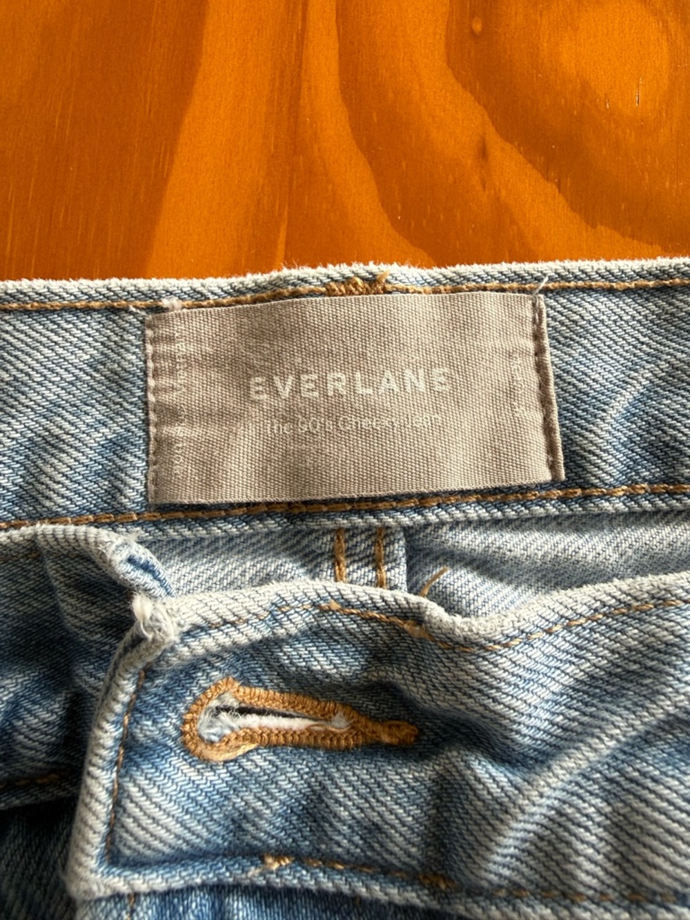 Everlane Pale Blue Denim Jeans with Tan Stitching